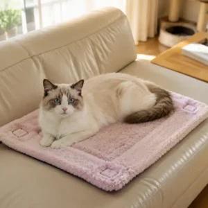 The cat sits comfortably on the heated mat, gazing at the camera.