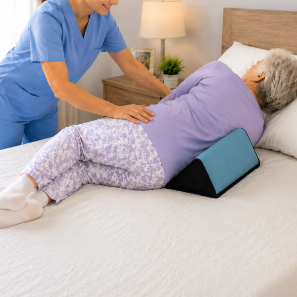 Elderly positioning pillow used on a bed to provide back and leg support during rest and care activities.